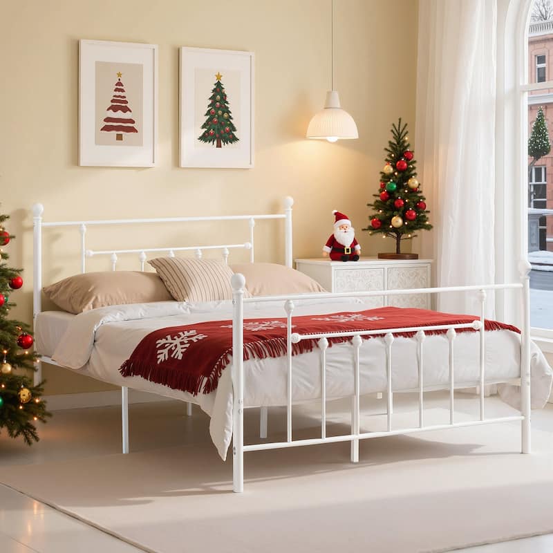 VECELO Metal Platform Bed Frame with Headboard and Footboard Heavy Duty Slat Support Underbed Storage Space Victorian Style