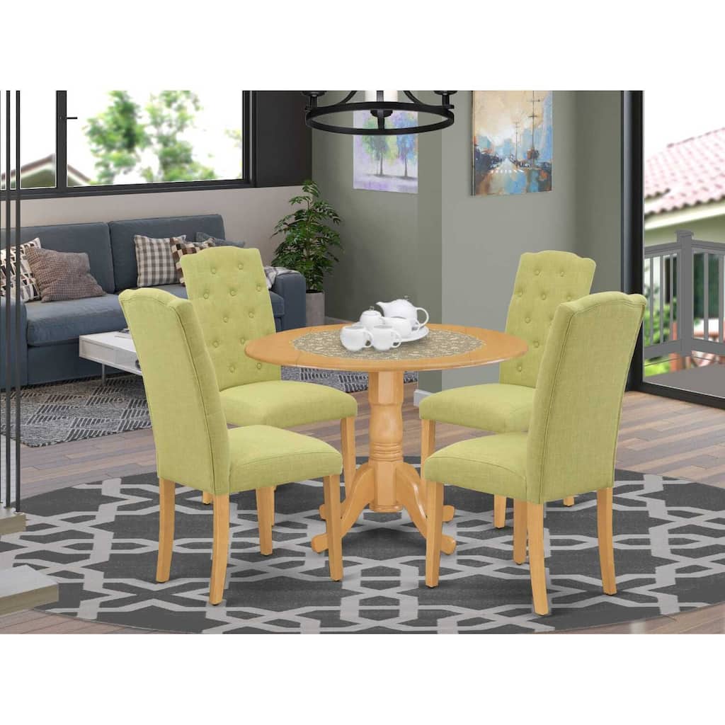 HomeStock 5-Piece Round Natural Oak Finish Solid Wood Top Dining Table with 4-Parson Chair with Drop Leaf Lattice Back