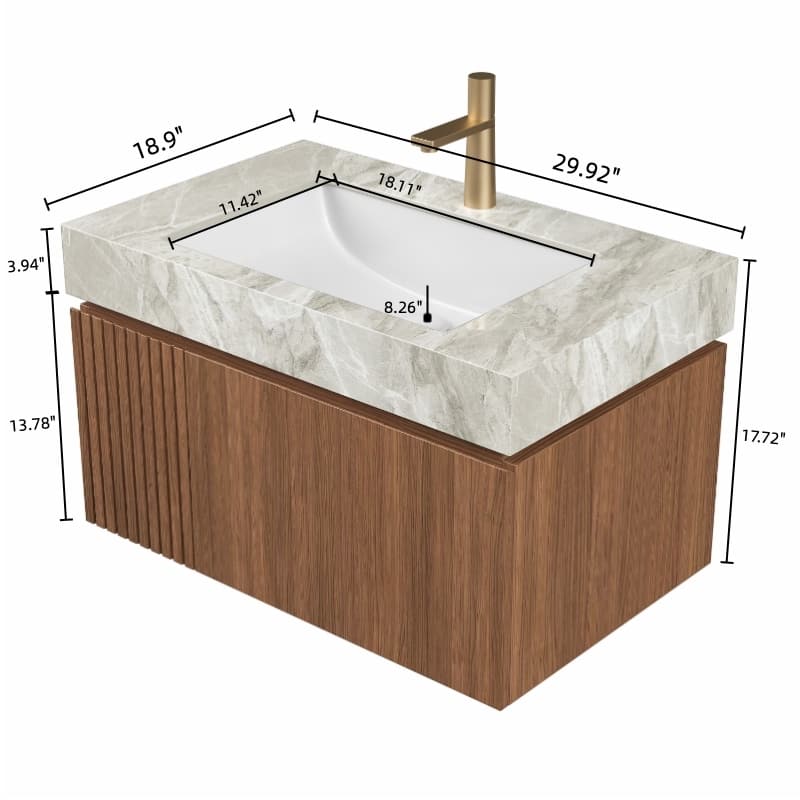 GDFStudio - Muri Modern 30" Floating Bathroom Vanity, Light Gray Sintered Stone Countertop with Ceramic Basin, WITHOUT Faucet