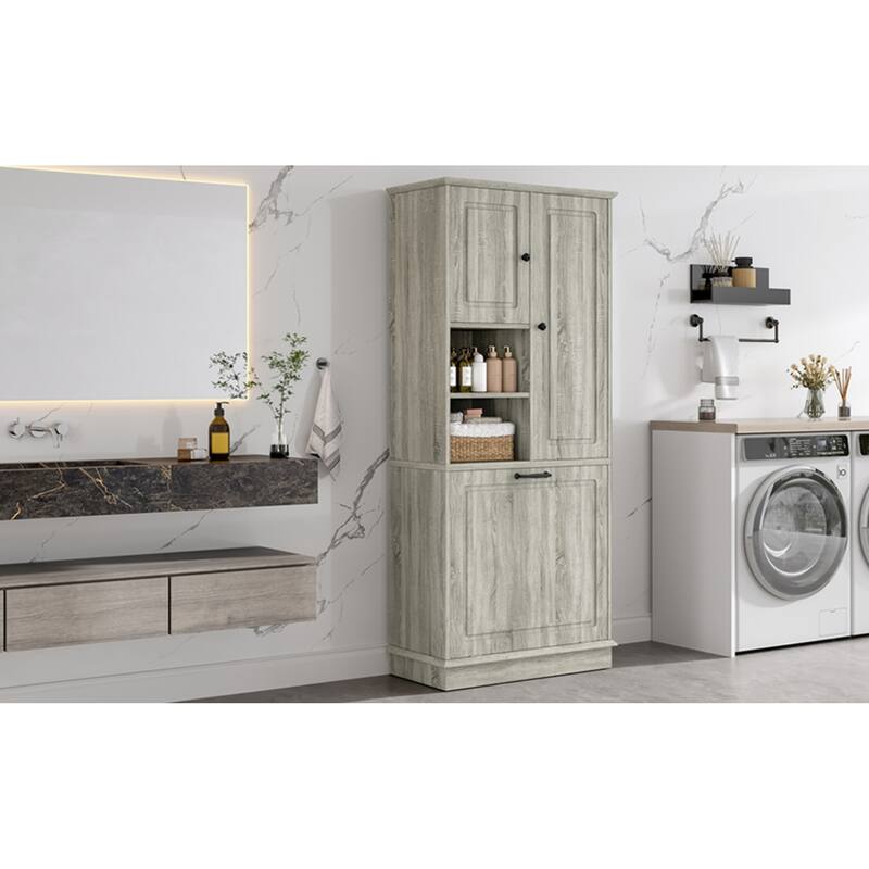 Roomfitters 67" Tall Storage Cabinet with Flip-Out Basket & Adjustable Shelves, MDF Linen Tower for Bathroom & Office