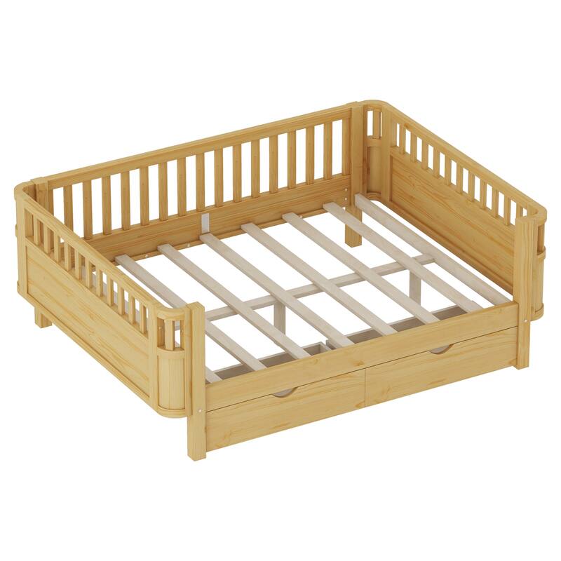 Full Size Wood Platform Bed for Kids, Wood Low Profile Full Bed with Rails for Girls and Boys, White
