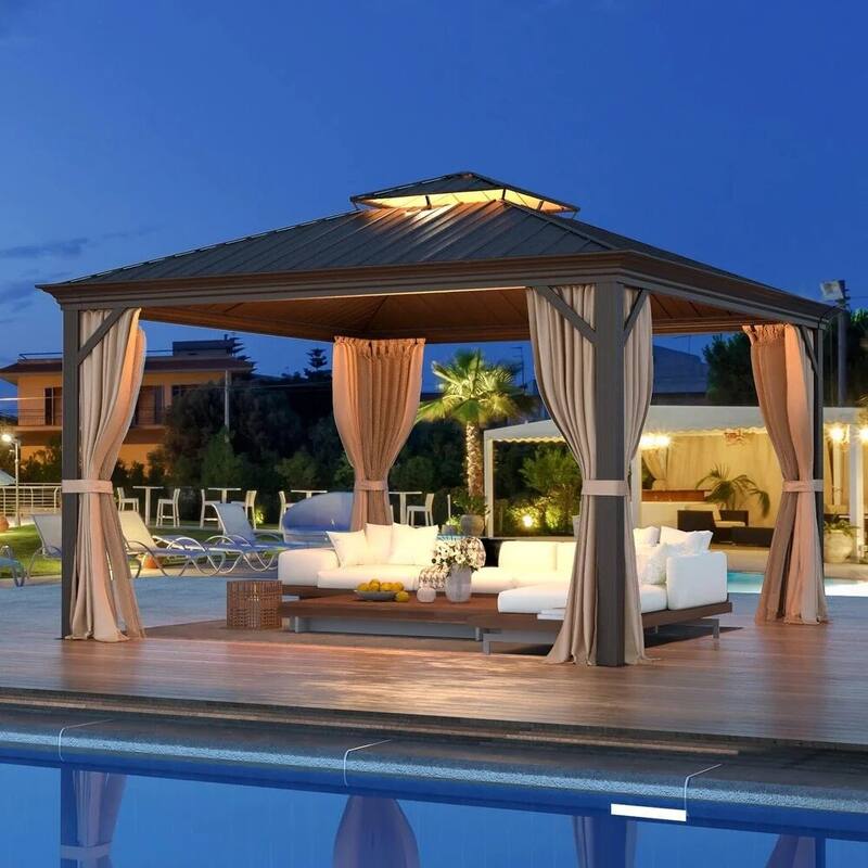 Outdoor Pro Series Galvanized Steel Hardtop Patio Gazebo Pergola w/Aluminum Frame, Prime Curtains and nettings include