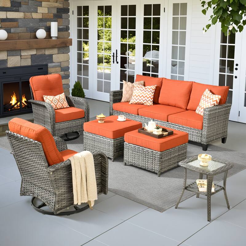 XIZZI 6-Piece Patio Furniture Conversation Set with Swivel Chairs - Red/Orange