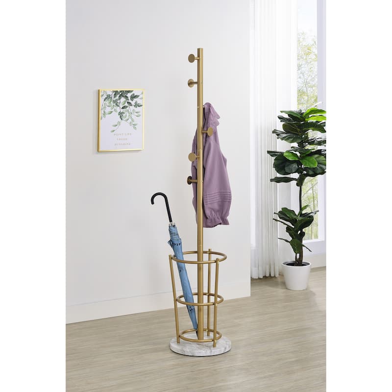 Lodi Metal Hat and Coat Stand with Marble Base and Hooks - 13"W x 13"D x 66.5"H - Gold