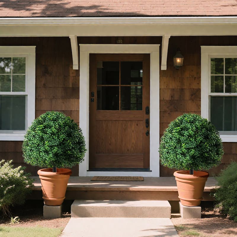 28" Artificial Boxwood Topiary Ball Tree Set of 2 with Ground Spike for Indoor Outdoor Decor - 28"H