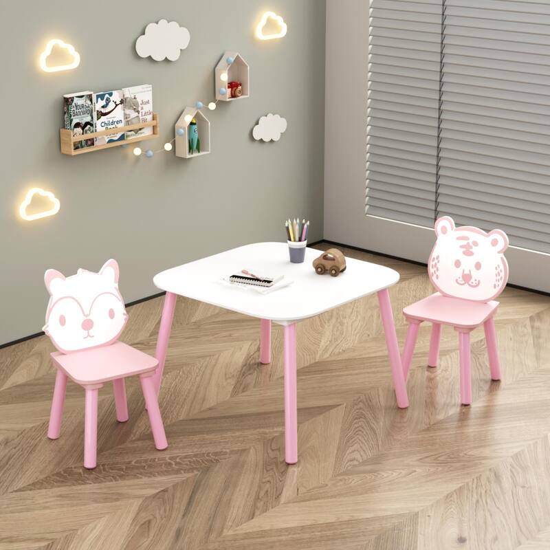 Anmytek Toddler 3-Piece Wooden Table and Chair Set Kids Activity Desk with Animal Backrest for Playroom Nursery