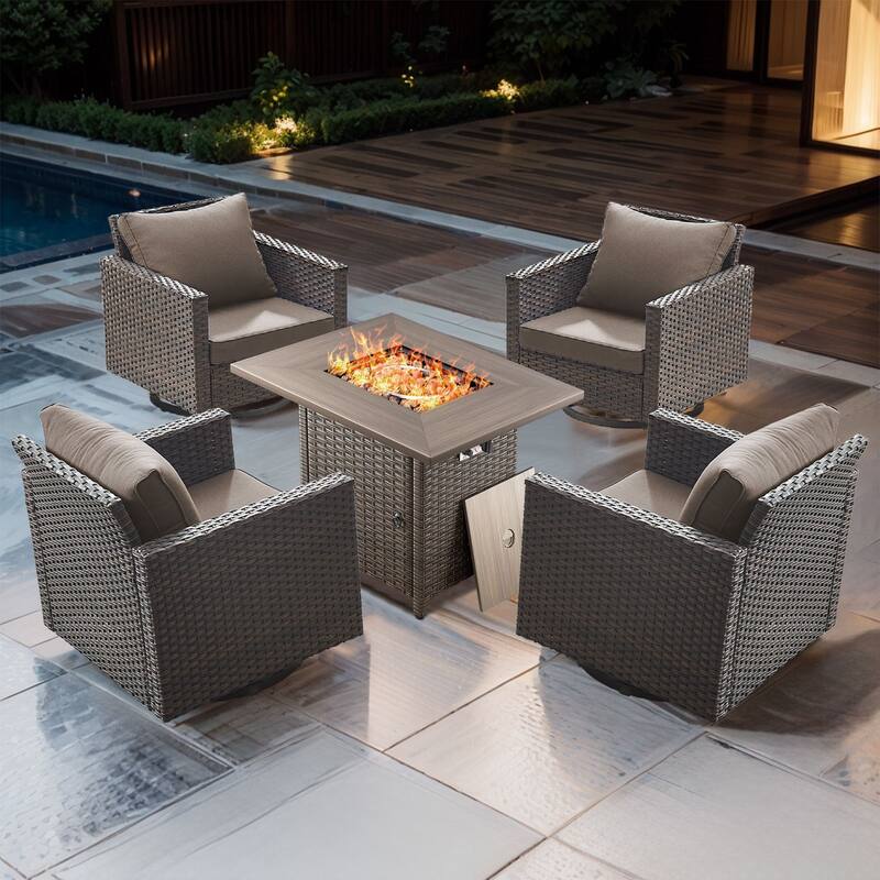 5 Pieces Fire Pit Table with Outdoor Swivel Chairs - Brown Wicker - Gray cushion