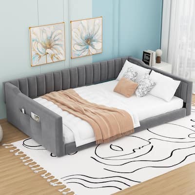 Full XL Velvet Upholstered Daybed with Vertical Channel Tufting and Side Storage Pocket, No Box Spring Needed, Modern Sofa Bed