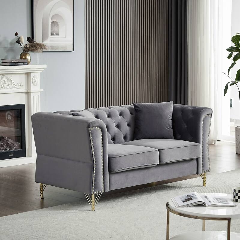Chesterfield Tufted Loveseat Sofa with Nailhead and 2 Pillows