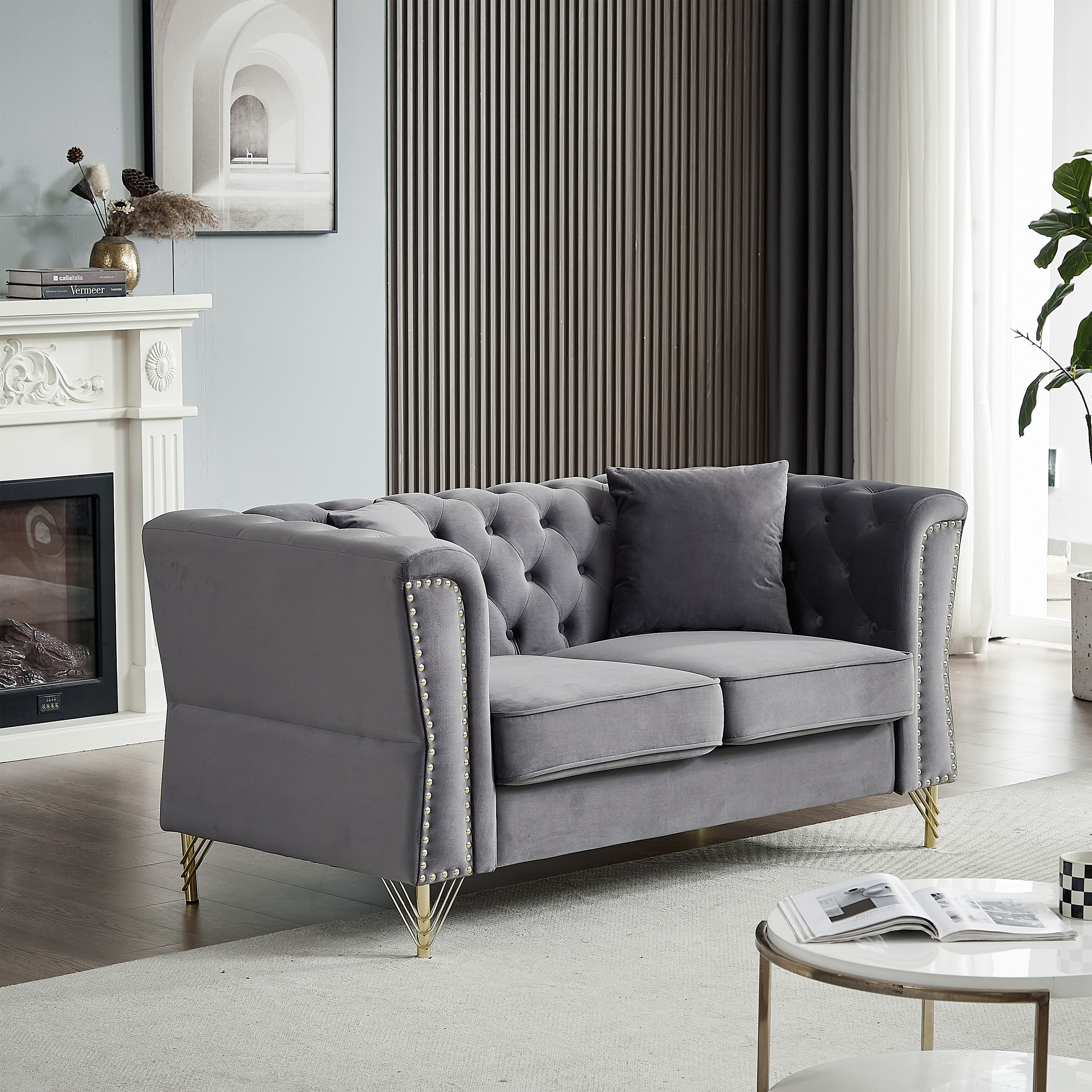 Grey 60.2 Velvet 2 Seater Sofa with Nailhead Trim Bed Bath Beyond 41395133