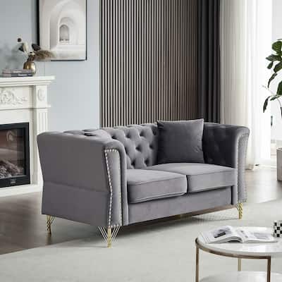 Grey 60.2" Velvet 2-Seater Sofa with Nailhead Trim