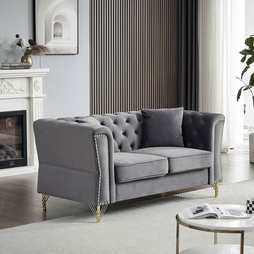 Grey 60.2" Velvet 2-Seater Sofa with Nailhead Trim
