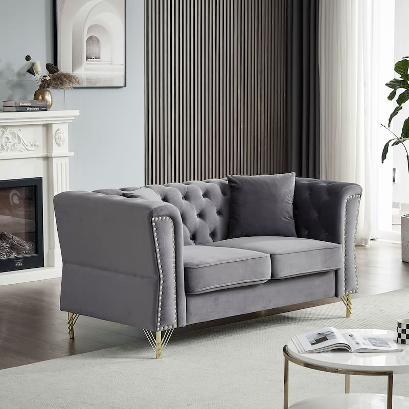 Grey 81.8" Velvet 3-seater Sofa with Tufted Couch and Metal Foot for Living Room - Grey