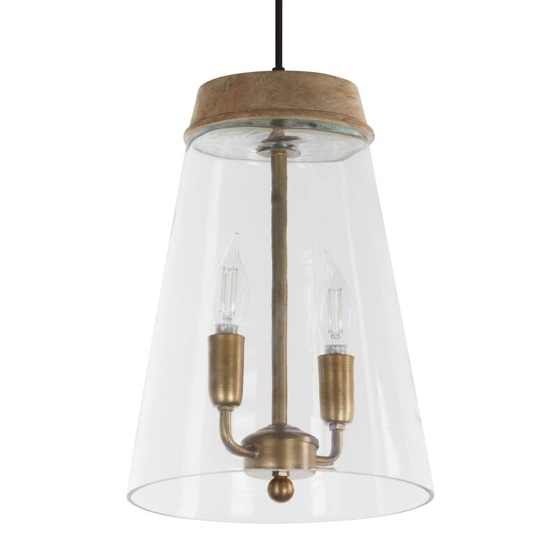 Kian River of Goods Gold and Clear Metal, Glass, and Mango Wood Pendant Light with Adjustable Hanging Cord
