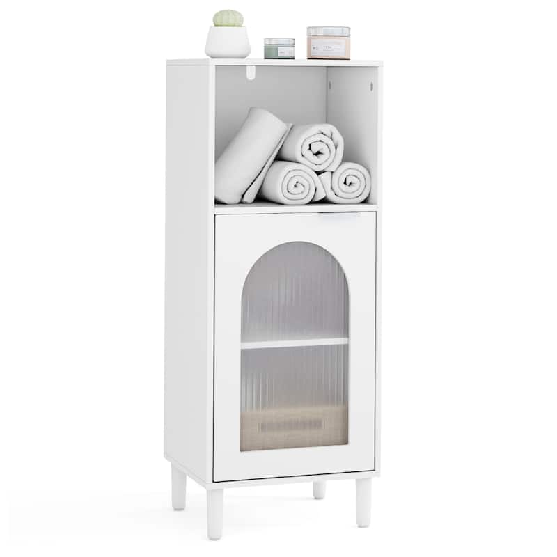 White Wooden Bathroom Floor Cabinet with Tempered Glass Door and Adjustable Storage Shelves - 14" x 12" x 35.5"