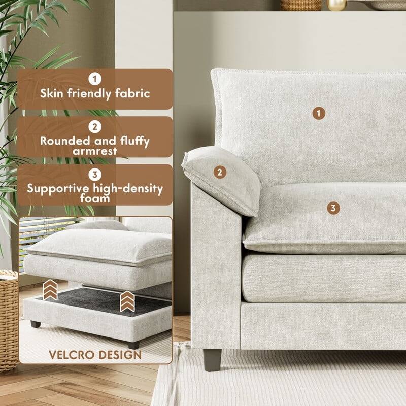 Furniwell 4 Seats U-Shaped Sectional Sofa with 2 Movable Ottomans Modern Fabric Convertible Modular Couch for Living Room