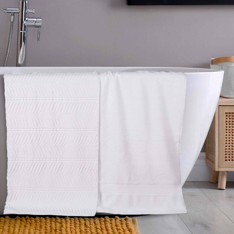 Superior Chevron Zero Twist Solid and Jacquard Cotton Bath Sheet Set of 2 - White