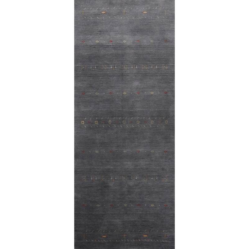 Hand Knotted Oriental 100% Wool Carpet Tribal Animal Pictorial Greys & Charcoal Gabbeh Runner Rug - 11' 9'' X 3' 11''