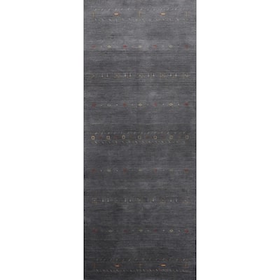 Hand Knotted Oriental 100% Wool Carpet Tribal Animal Pictorial Greys & Charcoal Gabbeh Runner Rug - 11' 9'' X 3' 11''
