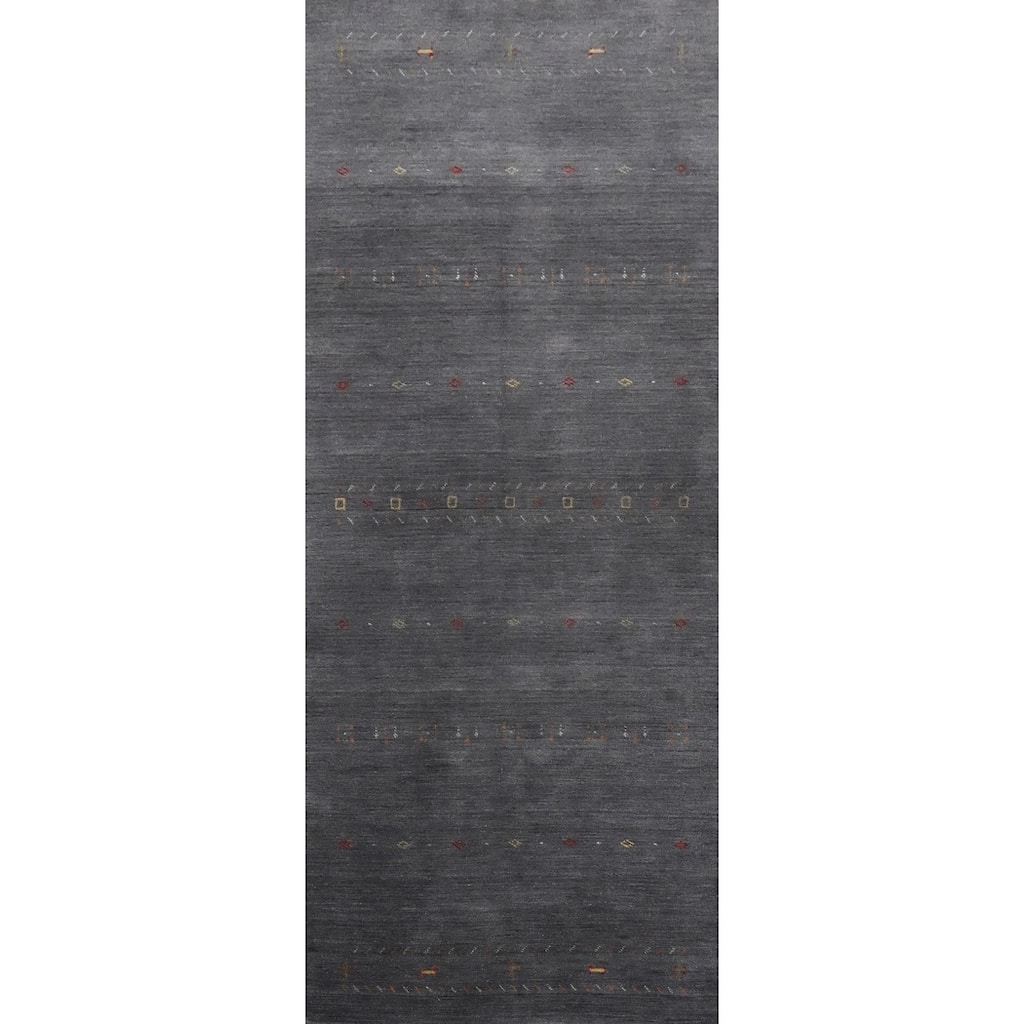 Hand Knotted Oriental 100% Wool Carpet Tribal Animal Pictorial Greys & Charcoal Gabbeh Runner Rug - 11' 9'' X 3' 11''