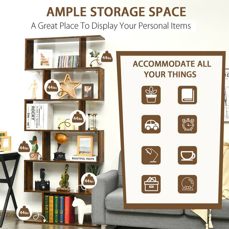 Gymax 6 Tier S-Shaped Bookshelf Storage Display Bookcase Decor Z-Shelf - 31.5'' x 9'' x 75''