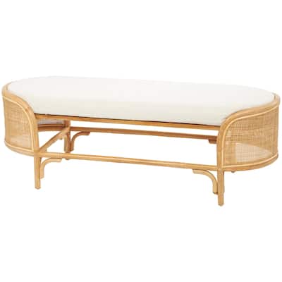 Rattan Handmade Oval Bench with White Fabric Cushion - Brown - Roche River Decor - 18"Wx49"Lx17"H