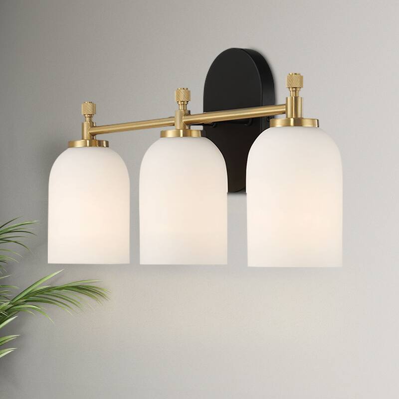 Flac Three-Light Vanity Wall Fixture in Brushed Gold with Frosted Glass Shades - Frosted Glass