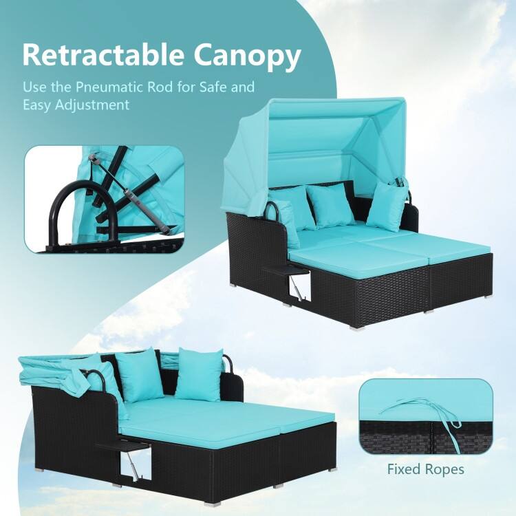 Outdoor Patio Daybed with Canopy and Foldable Side Trays - 65" x 60.5 x 58.5"