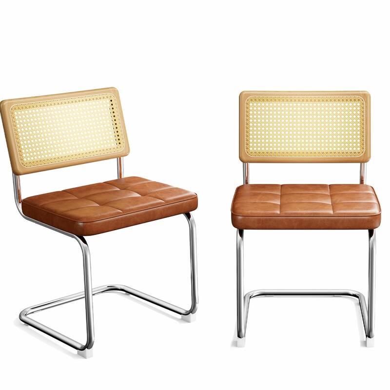 Mid-Century Modern Chairs Set - Faux Leather & Rattan - Brown - Set of 2