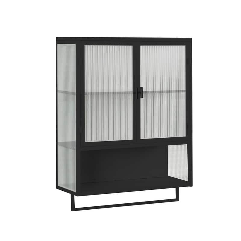23.62" Modern Fluted Glass Wall Cabinet with Two Doors, Open Shelf & Towel Rack