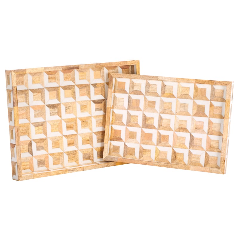 SAFAVIEH Home Aria Antique Ivory/Natural Brown Resin/Mango Wood Tray Set of 2
