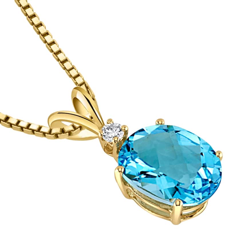 14k Yellow Gold Oval Shape 3.00 cts Swiss Blue Topaz Diamond Pendant