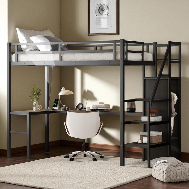 Twin XL/Full XL Metal Loft Bed with L-Shaped Desk, USB, LED Lights, Wardrobe & Storage Stairs for Kids/Teens/Adults - Black - Twin XL