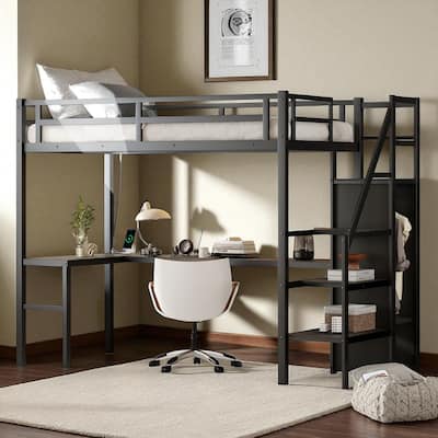 Twin XL/Full XL Metal Loft Bed with L-Shaped Desk, USB, LED Lights, Wardrobe & Storage Stairs for Kids/Teens/Adults