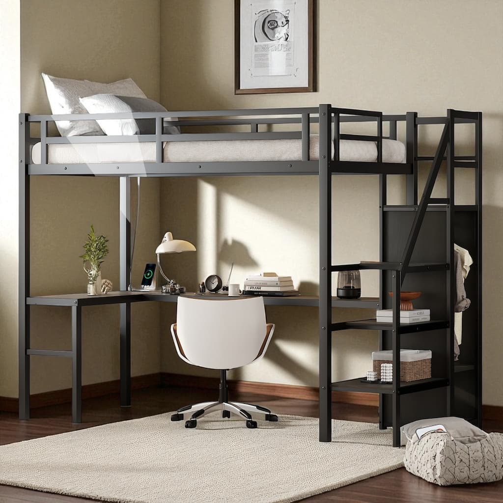 Twin XL/Full XL Metal Loft Bed with L-Shaped Desk, USB, LED Lights, Wardrobe & Storage Stairs for Kids/Teens/Adults