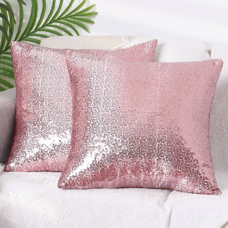 Sequin Throw Pillow Covers, Pack of 2 Square Glitter Decorative Pillow Cases Personalized Cushion Covers - Pink - 18 x 18 Inch