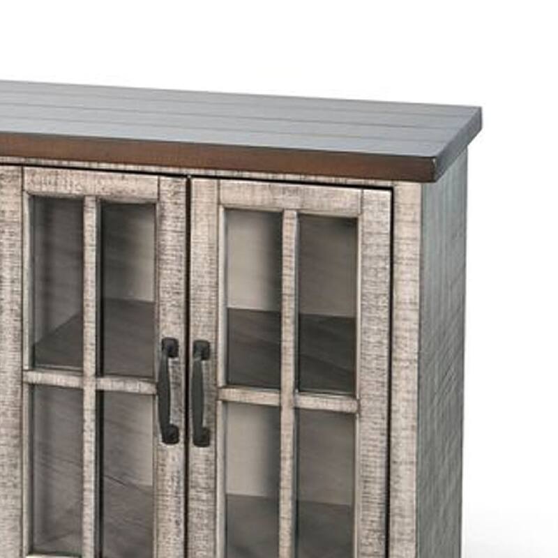 Zeka TV Media Console, 98 Inch w 2 Glass Cabinets, Gray Mahogany Wood