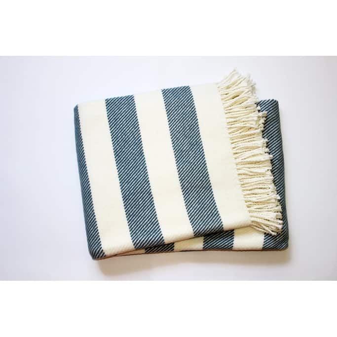 Cream and Slate Slanted Stripe Fringed Throw Blanket