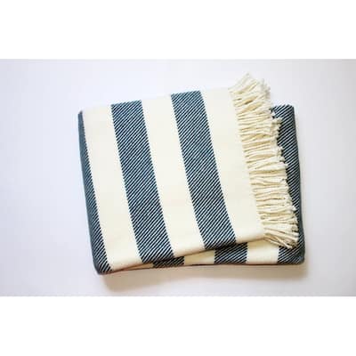 Cream and Slate Slanted Stripe Fringed Throw Blanket