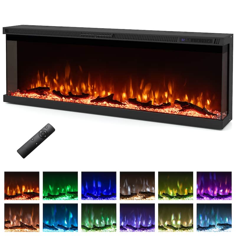 Black 3-Sided Electric Fireplace with Remote and Panoramic Tempered Glass Flames 5000 BTU Heater