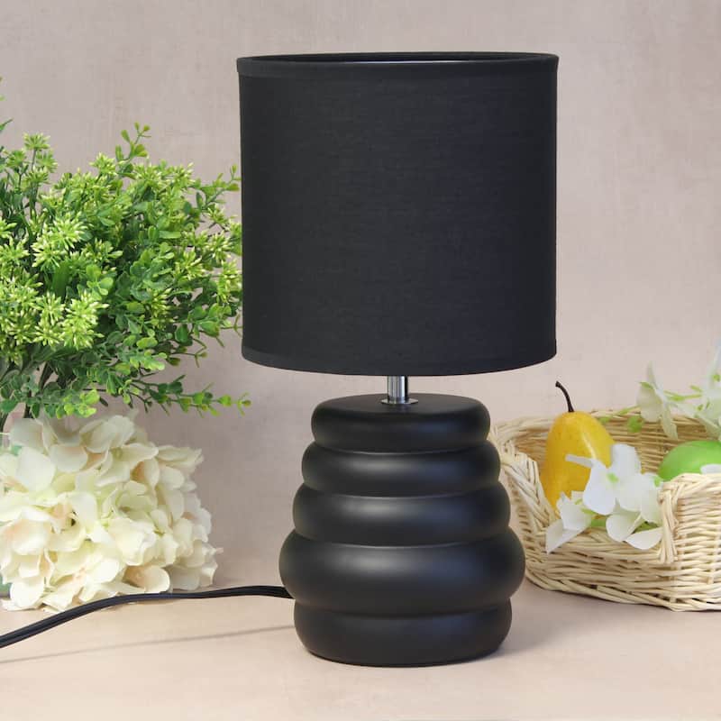 Stacked Ceramic Mini Table Lamp with Fabric Drum Shade Modern Sculptural Accent Lighting Compact Design