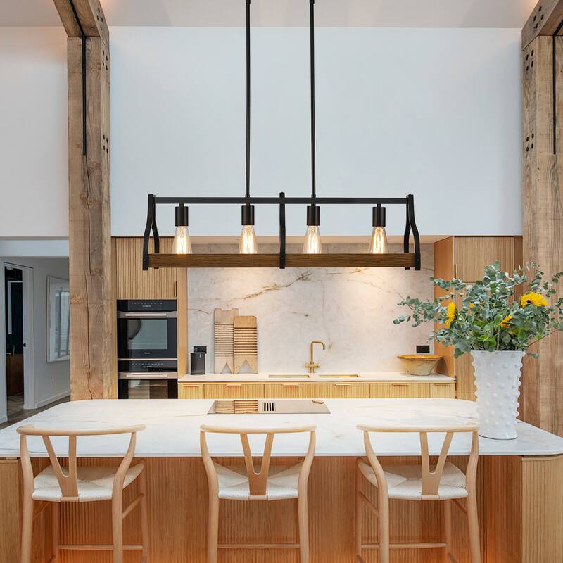 Starsky 4-Light Modern Farmhouse Black Chandelier Wooden Linear Kitchen Island Light