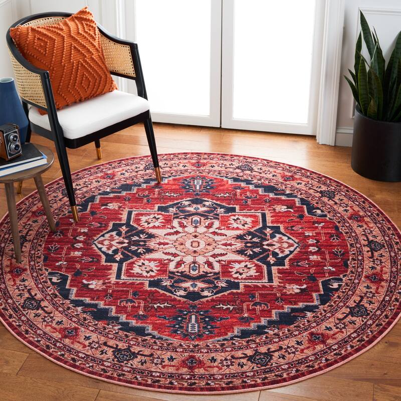 SAFAVIEH Serapi Machine Washable Monica Medallion Distressed Rug - 6'7" Round - Red/Beige