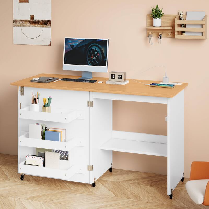 Moasis Folding Sewing Craft Table with Storage Shelves Cabinet With Charge Station - 49.2"W x 19.5"D x 29.5"H—White