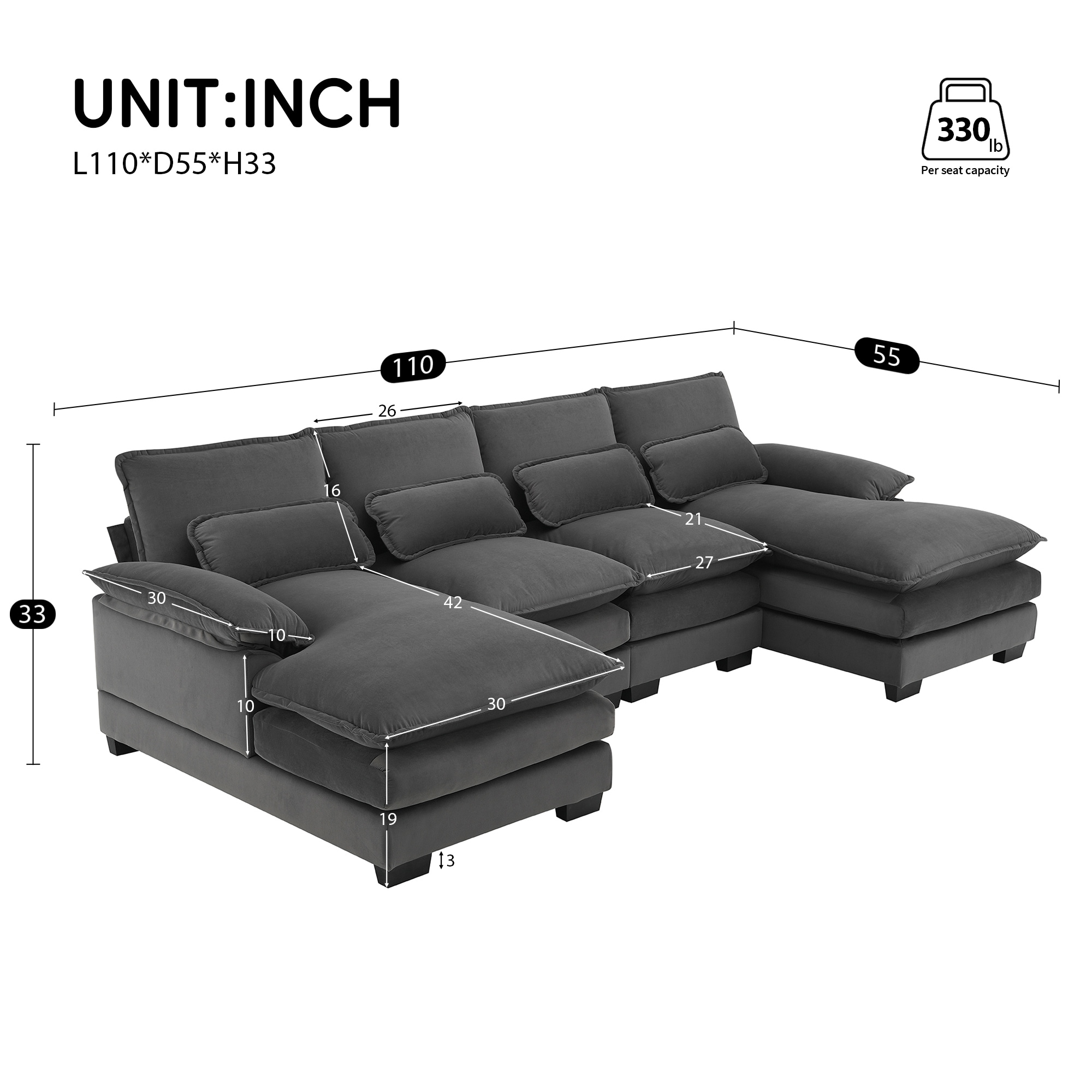109.8-Inch Modern U-Shaped Sectional Sofa With Waist Pillows And Sleeper Sofa Function