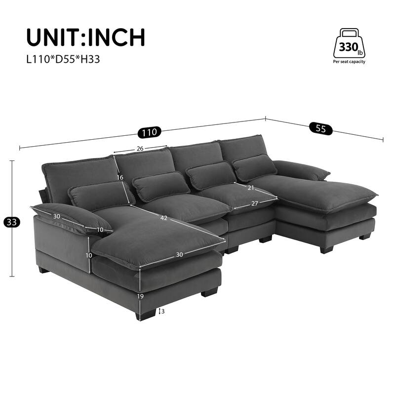 Modular U-shaped Sectional Sofa with 4 Waist Pillows, 6-Seat Upholstered Sofa with Chaise Lounge, Oversized Velvet Cloud Sofa - Gray