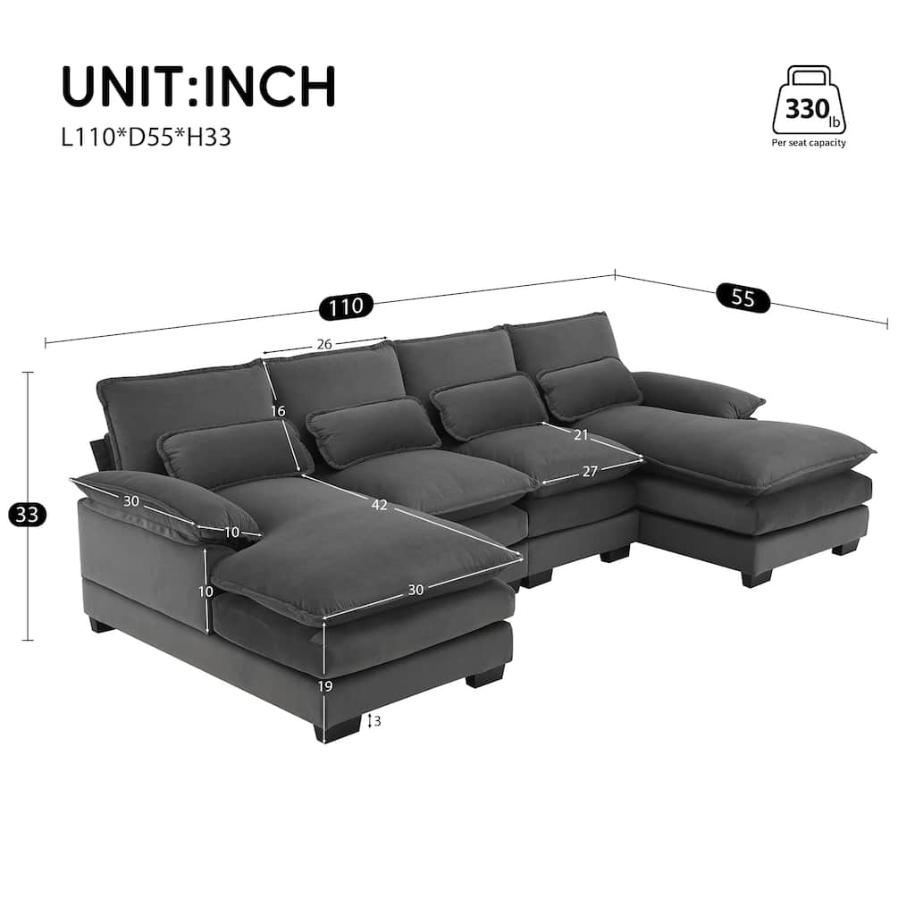 Modular U-shaped Sectional Sofa with 4 Waist Pillows, 6-Seat Upholstered Sofa with Chaise Lounge, Oversized Velvet Cloud Sofa