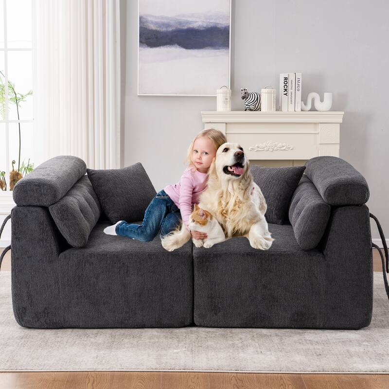 Reconfigurable 4-Seater Sectional Sofa With Wood Grain Chenille Fabric,Modular Sofa With 2 Pillows,High-Density Sponge Couch