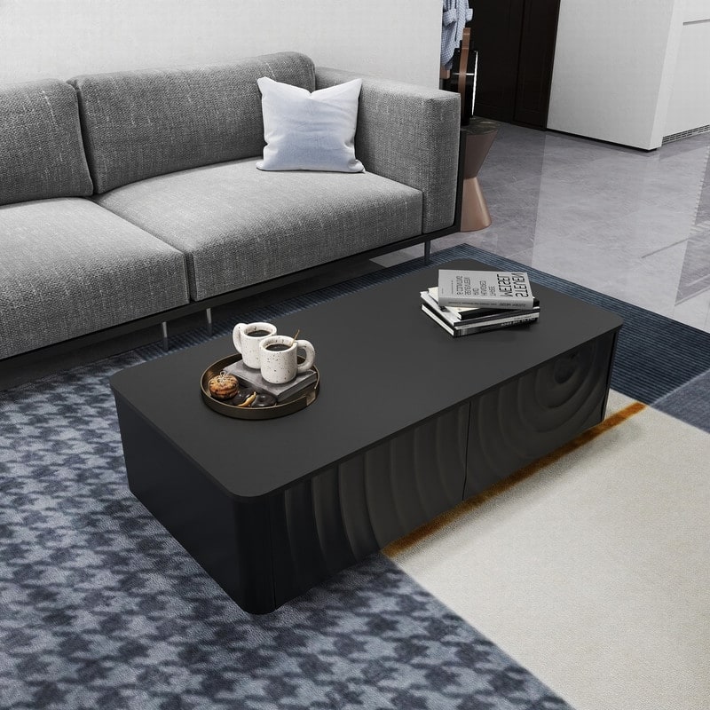 Mid Century 47" Rectangle Coffee Table with Unique Wave Texture and Safe Rounded Corner Design for Living Room