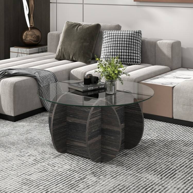 Black Tempered Glass Rubber Wood Round Coffee Table with Hidden Storage - 35" x 35" x 18"